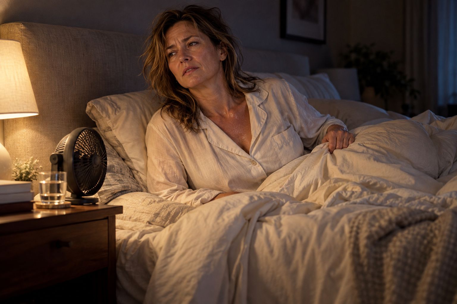 A woman awake at night, pushing the covers away, with a small fan on the nightstand