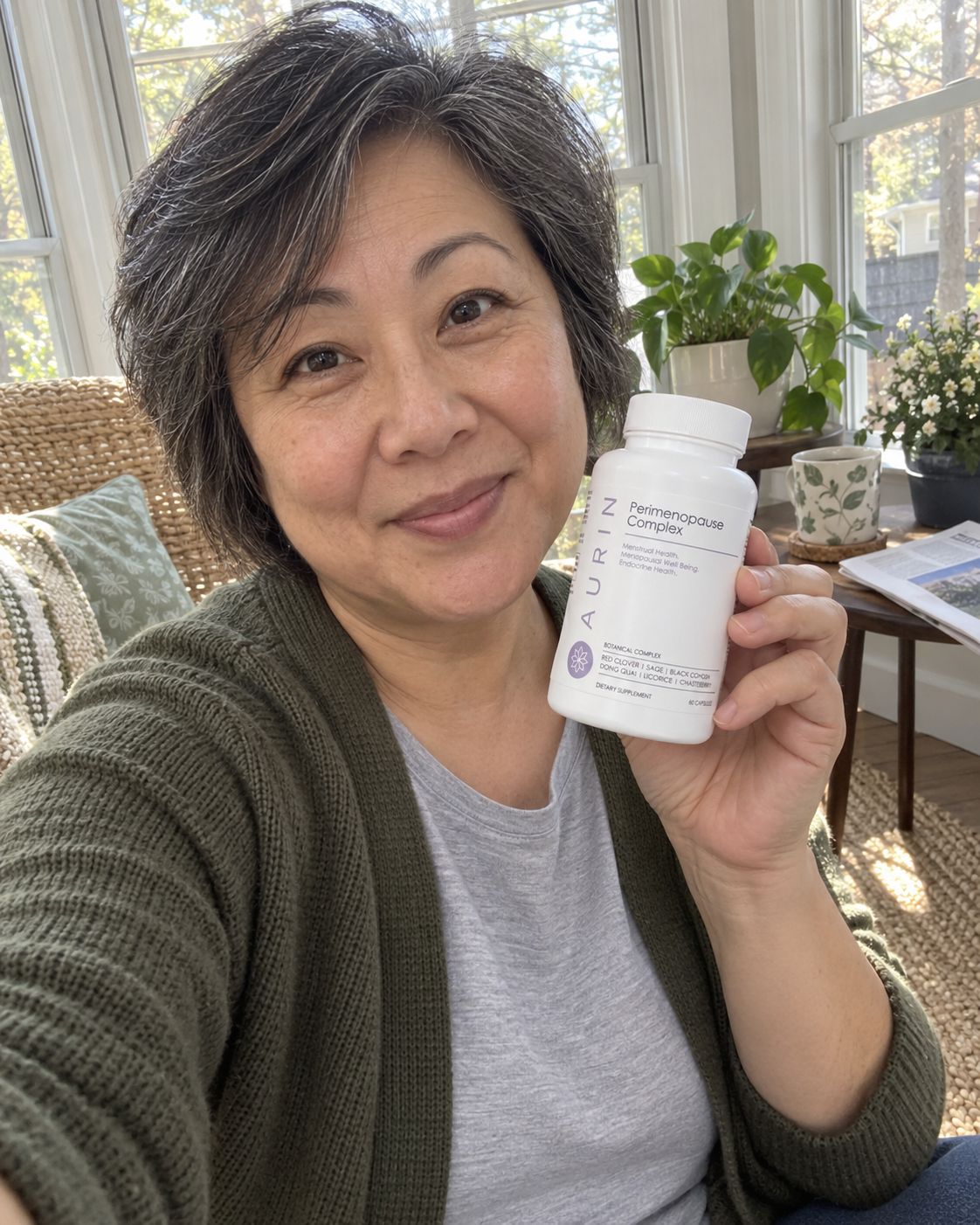 A smiling woman in a sunroom holding a bottle of AURIN Perimenopause Complex
