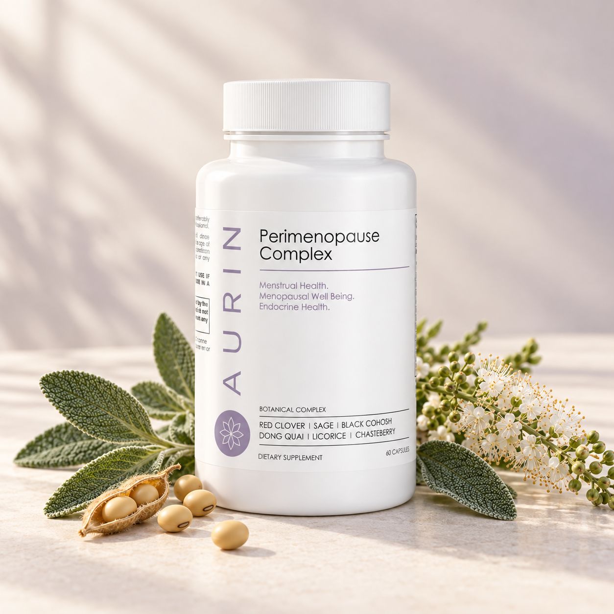A bottle of AURIN Perimenopause Complex with sage, soybeans and black cohosh
