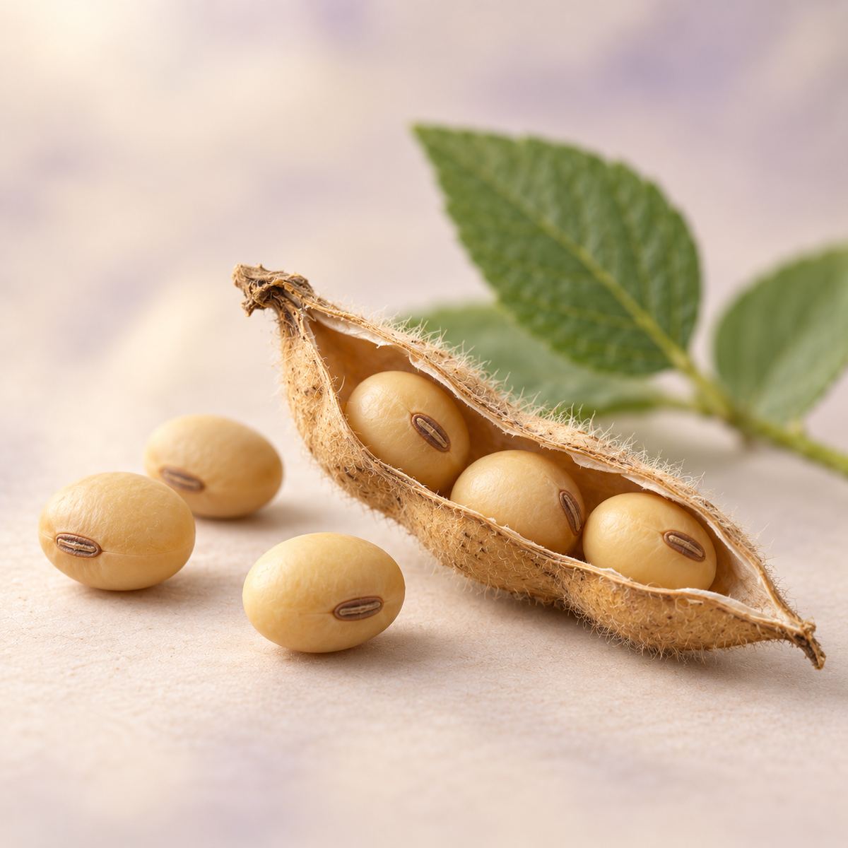 Soybeans and an open soy pod