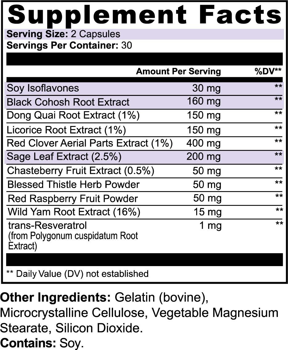 AURIN Supplement Facts panel. Serving size 2 capsules, 30 servings per container. Highlighted: soy isoflavones 30 mg, black cohosh root extract 160 mg, sage leaf extract 200 mg